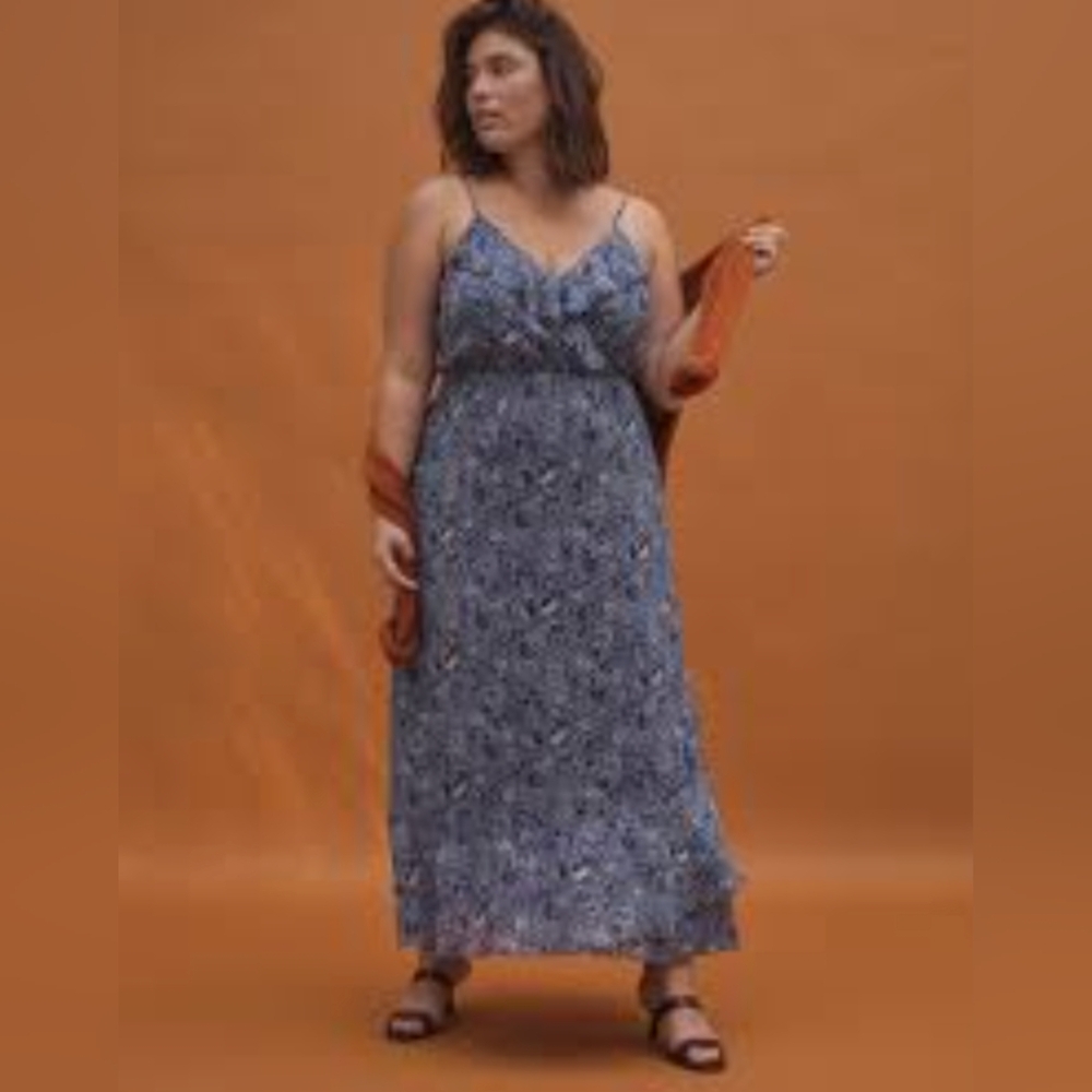 Banana Republic Factory Ruffle Wrap V-neck Blue & White Floral Midi Dress- L - Picture 2 of 14